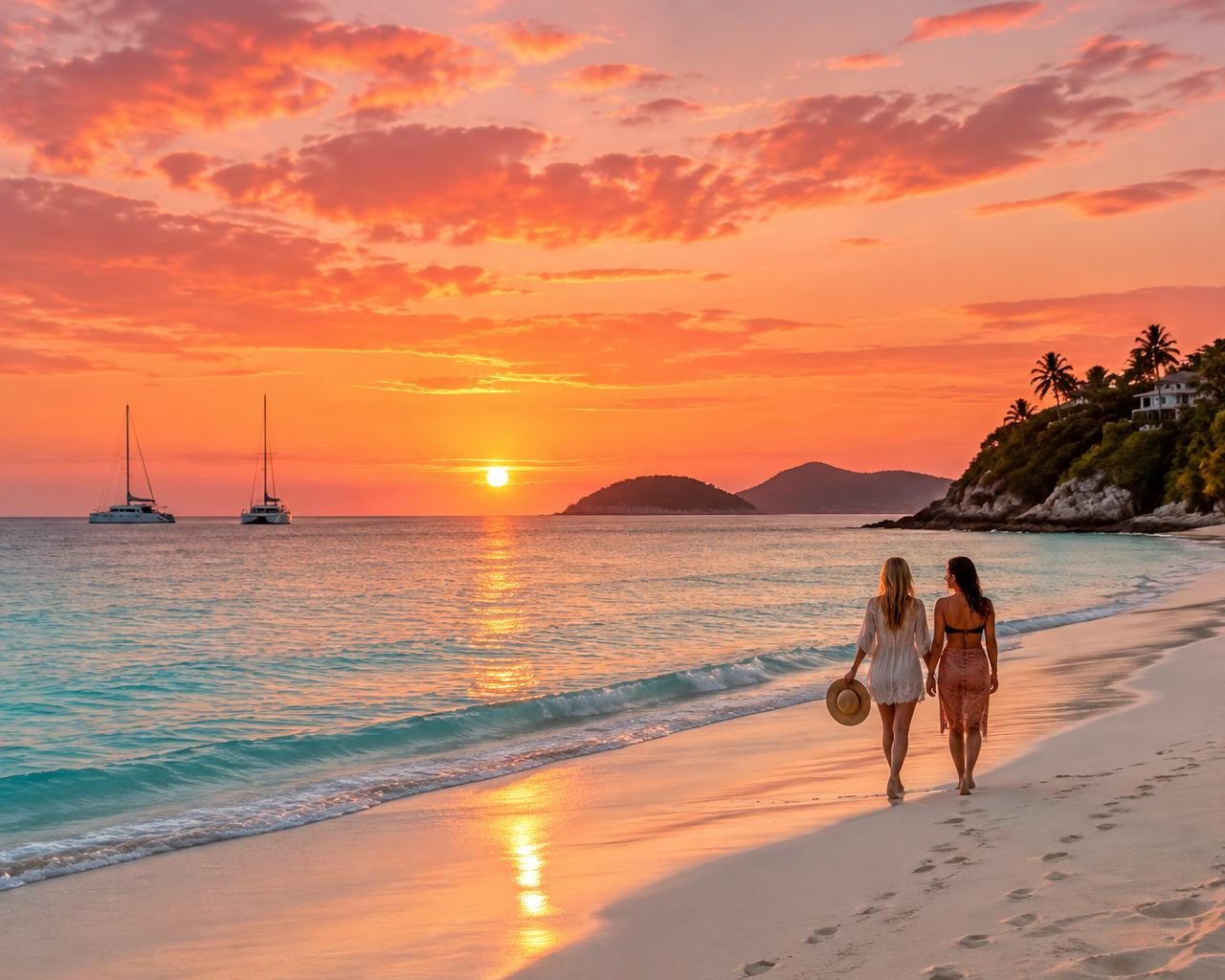 Friends walking along a beach at sunset