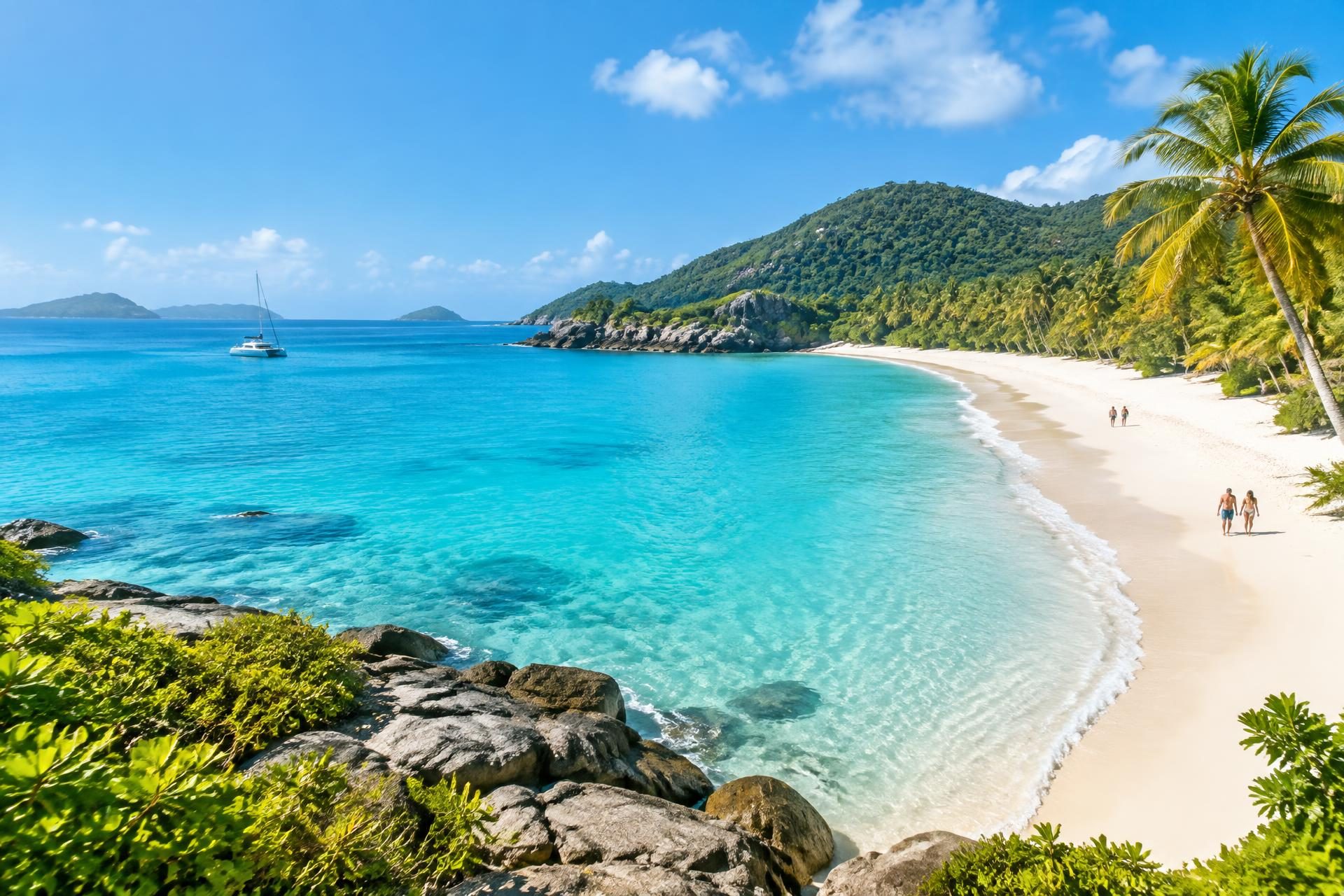 Turquoise water and a white-sand Caribbean beach beneath a sunny sky